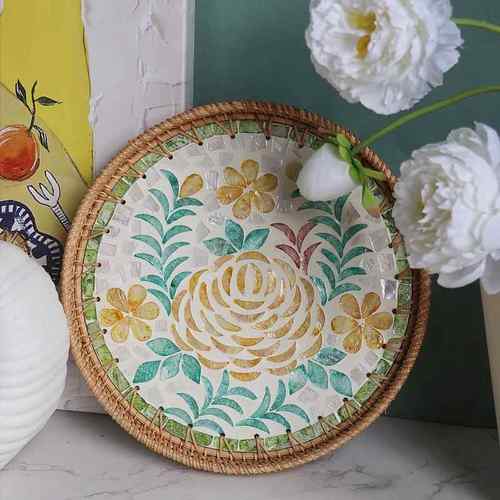 东亚南进口手藤编贝壳盘圆果篮置物水盘清工新桌面托WAE盘面包篮