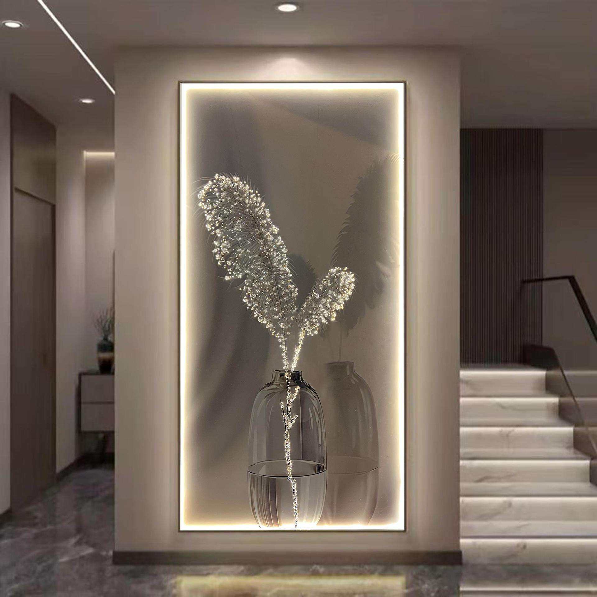 入户led灯轻奢羽毛玄关画客厅沙发落地画奶油风挂画现代简约壁画