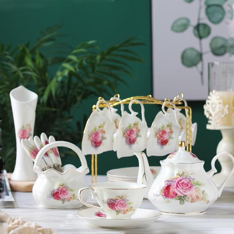 维奇陶瓷咖啡具套装欧式杯具英式下午茶具15件咖啡杯咖啡壶送架