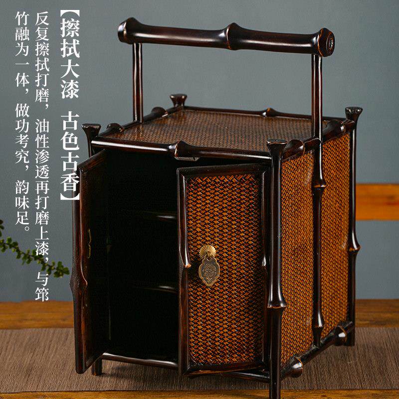竹柒阁紫竹茶棚桌面明式茶柜茶具收纳柜带抽屉竹编提盒筇竹家具