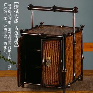 竹柒阁紫竹茶棚桌面明式茶柜茶具收纳柜带抽屉竹编提盒筇竹家具