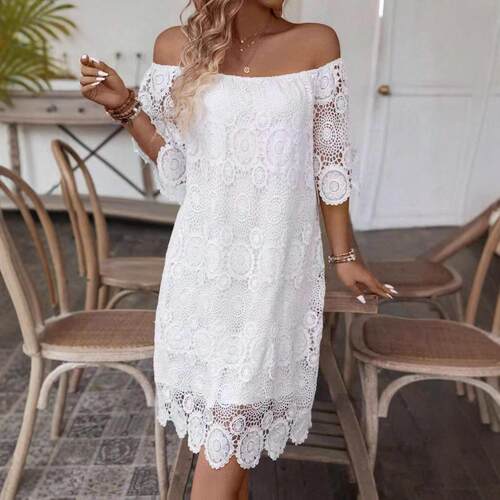 Women's Plain Floral Lace Off Shoulder Dress  Chic Elegant