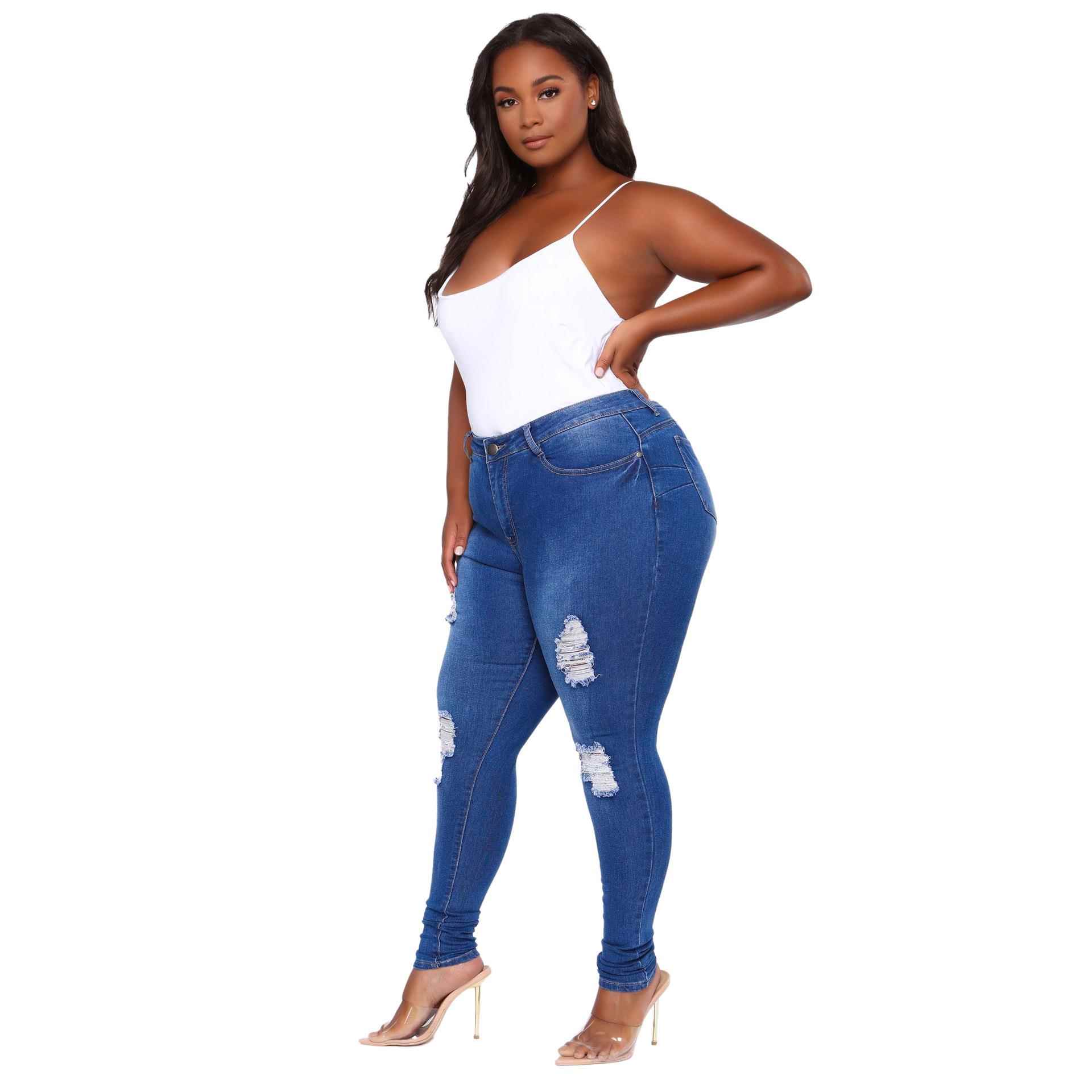Fashion slim fit ripped plus size fat girl skinny jeans