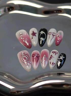 10Pcs Pink Handmade Press on Nails Full Cover Bow Tie Rhines