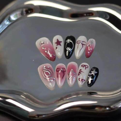 10Pcs Pink Handmade Press on Nails Full Cover Bow Tie Rhines