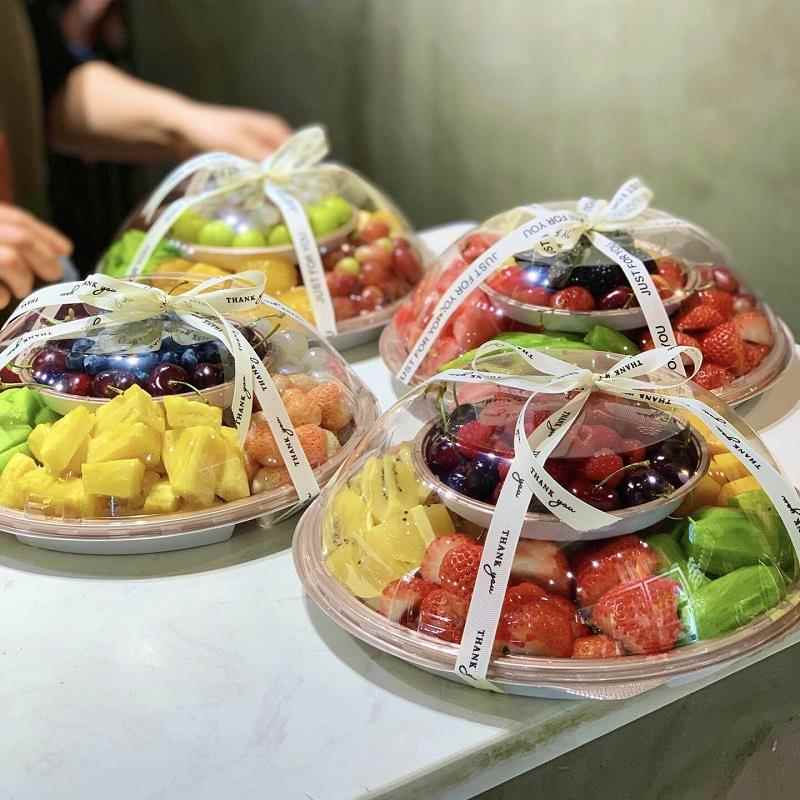 双层六分格水果果切拼盘塑料一次性果蔬包装盒圆形透明草莓鲜果盘