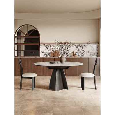 f方圆两用岩变板餐桌可伸缩户型黑t色意式极简方QGC形圆形实木餐