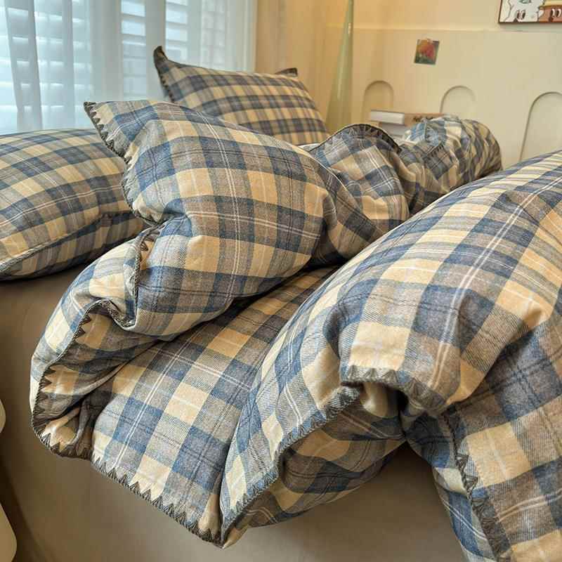 A类10全棉磨毛贝边格子四件套0加厚laiyin纯棉被套壳床单人三套件