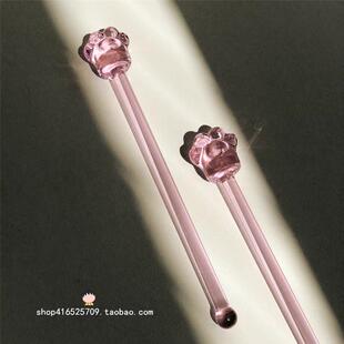 适用于玻璃杯粉色立体胖猫爪玻璃搅拌棒牛奶咖啡果汁长柄引流棒子