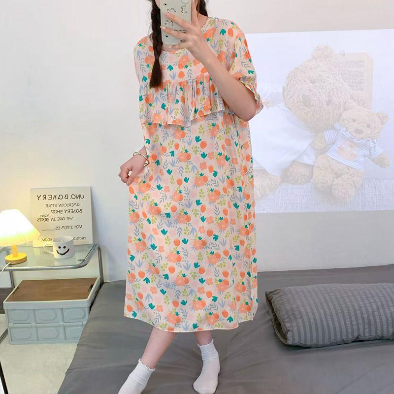 防凸点睡裙棉绸女薄款大码睡衣绵绸200斤短袖连衣裙人造棉可外穿