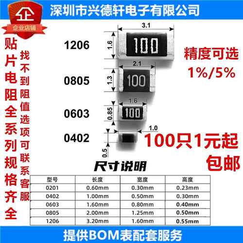 常用阻值10R~91R 0603 0805 1206 1210 2010 2512 贴片电阻 5% 1%