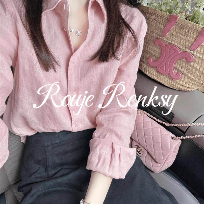 法国rouje renksy法式减龄粉色翻领通勤新款衬衫女秋叠穿百搭衬衣