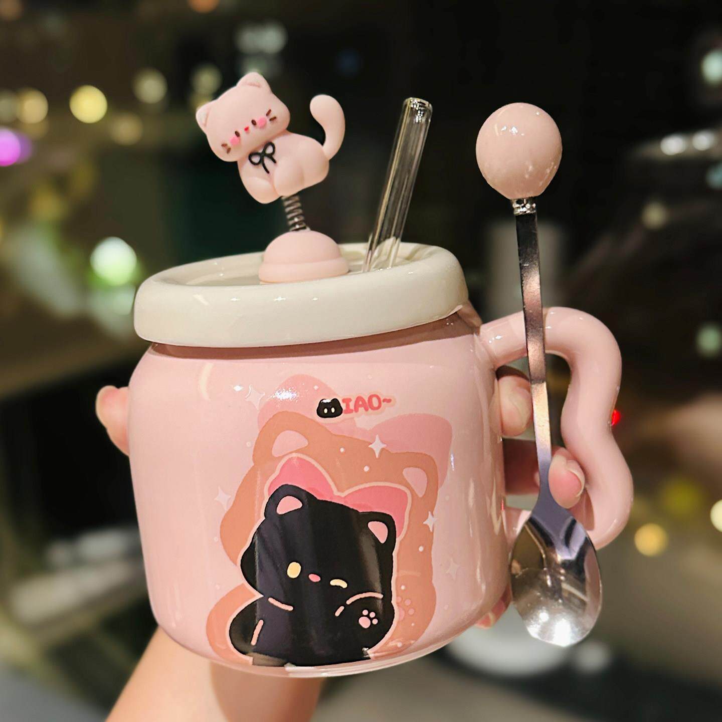 可爱卡通小猫陶瓷马克杯带盖勺女生办公室咖啡杯实用水杯生日礼物