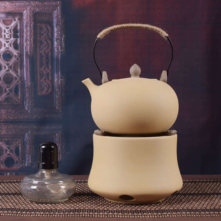 日式粗陶手工煮茶壶酒精炉茶炉紫砂陶壶提梁壶陶瓷烧水壶煮老白茶