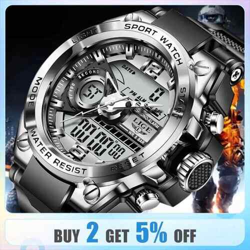 LIGE Men Military Watch Digital 50m Waterproof Wristwatch LE