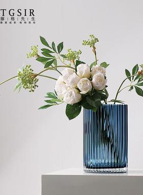 简约色直筒玻璃花瓶摆件客厅透蓝纹明水养百合绿FS736809竖植插花