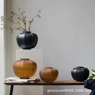 新中式荆褐色黑色蒙砂灯笼型玻璃花器花瓶摆件现代样板间酒店装饰