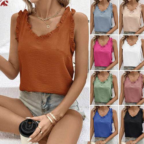 Women's top collar with ruffled edges, sleeveless vest for