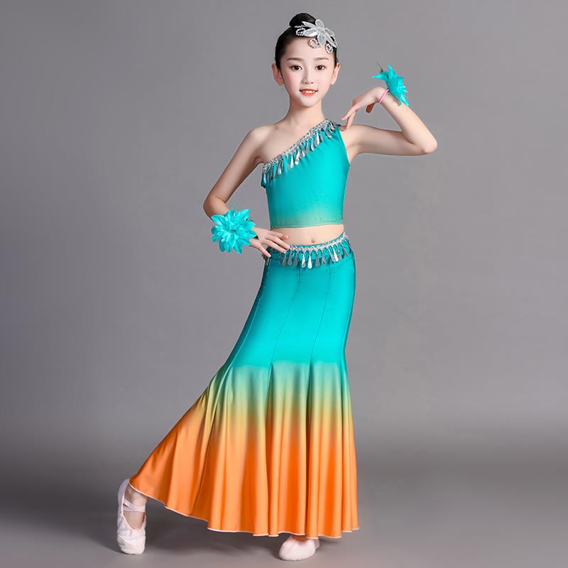高档儿童傣族蹈出服女童孔雀舞包鱼尾臀裙少儿民族艺考练功半演身