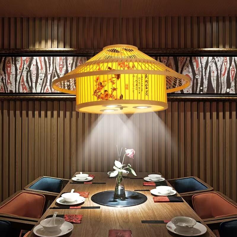 新中式饭厅吊灯酒店饭店火锅包间卡座射灯商用餐饮店竹编中山灯具