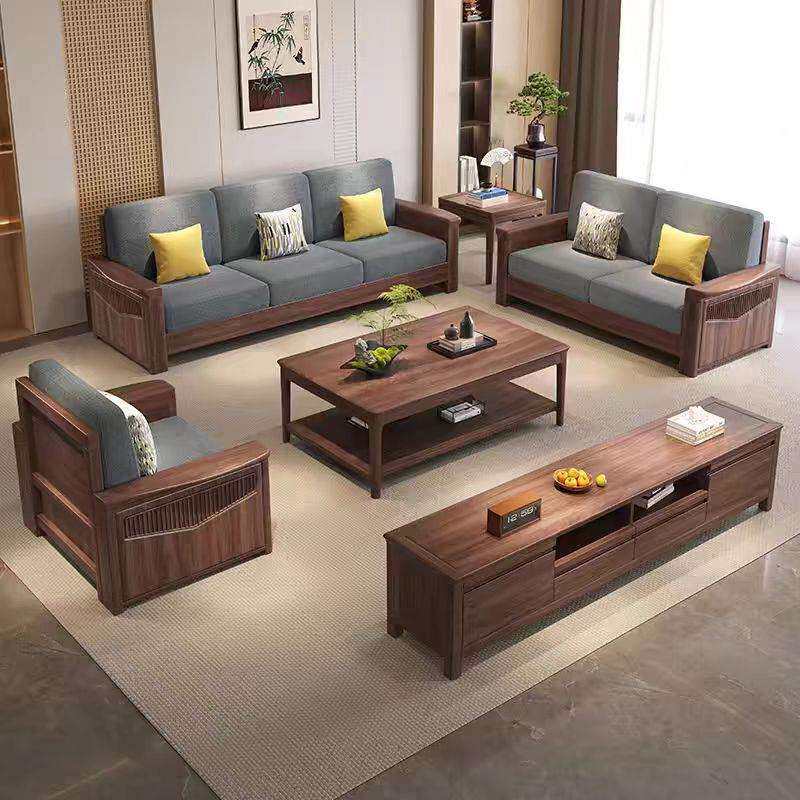 中式黑胡桃木实木沙发组合家用客厅茶几电视柜布艺实木沙发时尚