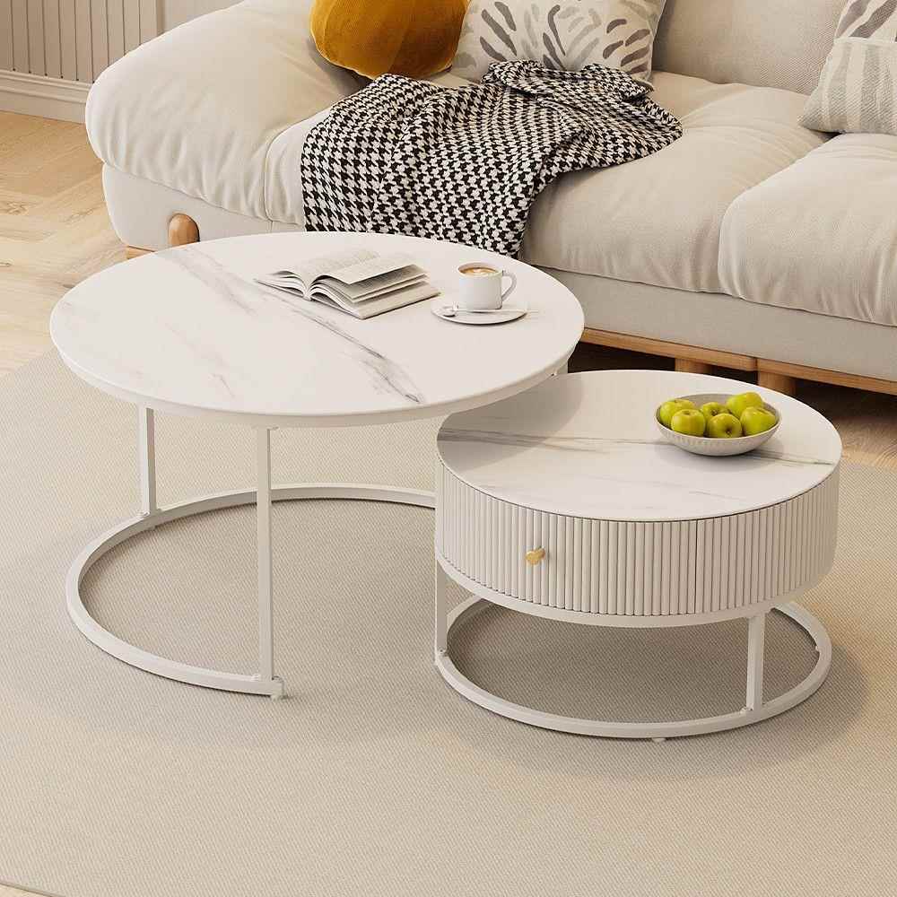 岩板茶几客厅家用小户型轻奢简约现代圆形网红白色玻璃奶油小茶几