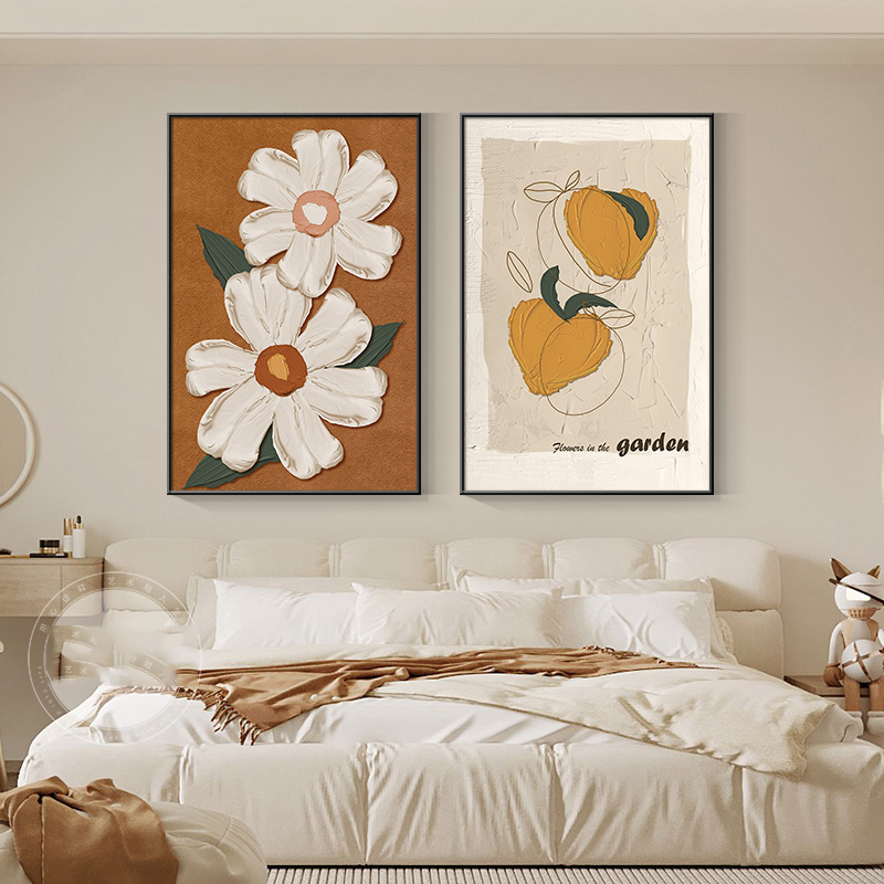 现代简约卧室床头装饰画ins文艺花卉组合两联挂画房间背景墙壁画图片