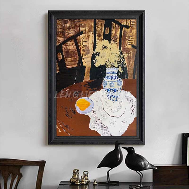 法式复古风抽象静物桌面青花瓷花瓶客厅装饰挂画中古玄关艺术摆件图片