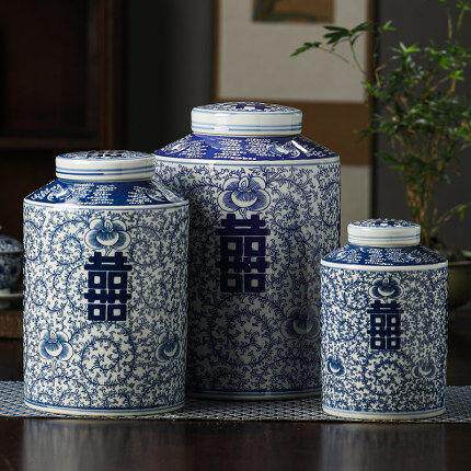 帛画青花瓷喜字罐花瓶结婚陶瓷罐景德镇喜字陶瓷花瓶陶瓷罐陶瓷