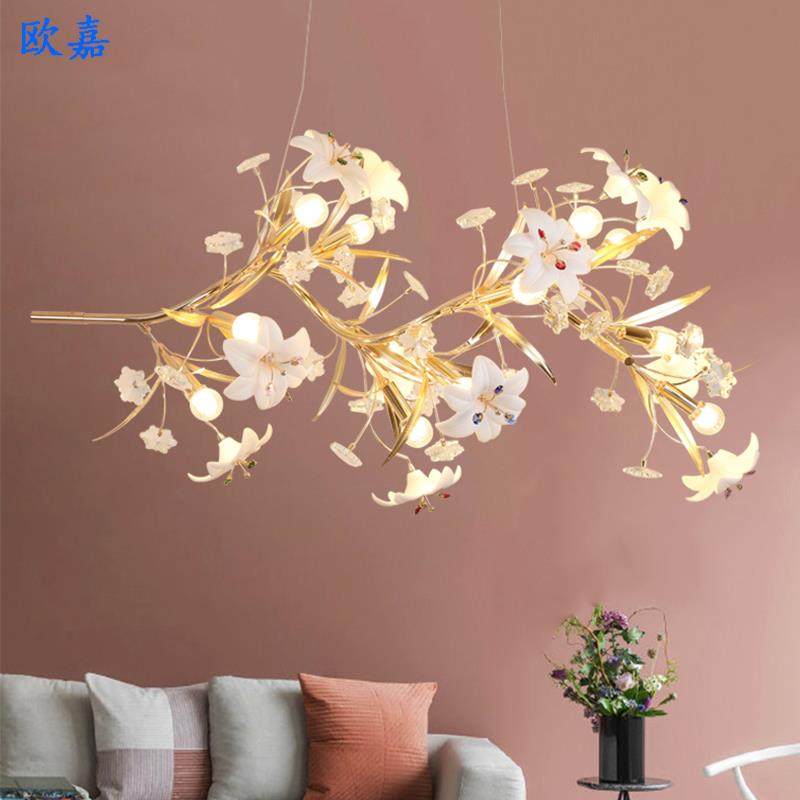 欧式餐厅餐厅餐桌前台吧台长形花朵法式田园陶瓷百合水晶吊灯