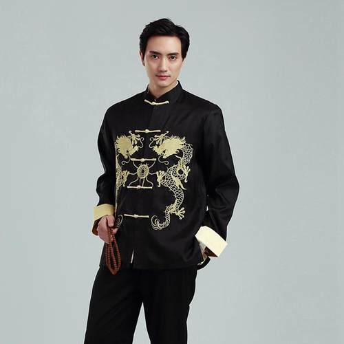 正品春秋服男士长袖唐装上衣绣花双带表演婚装中式上衣礼主龙礼服