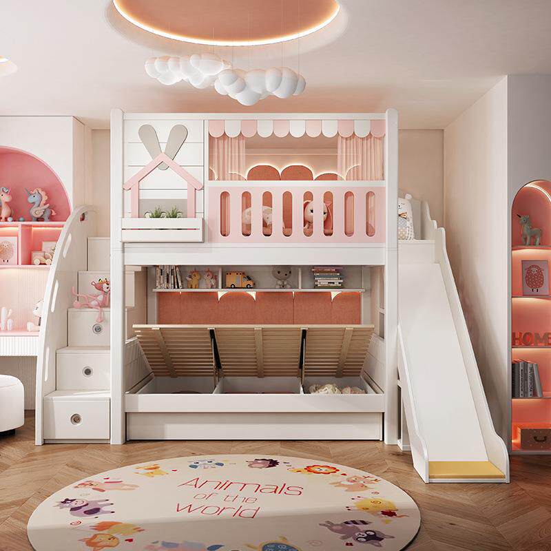 高护栏双层床上下同宽滑滑梯床男女孩公主城堡树屋床儿童床上下床