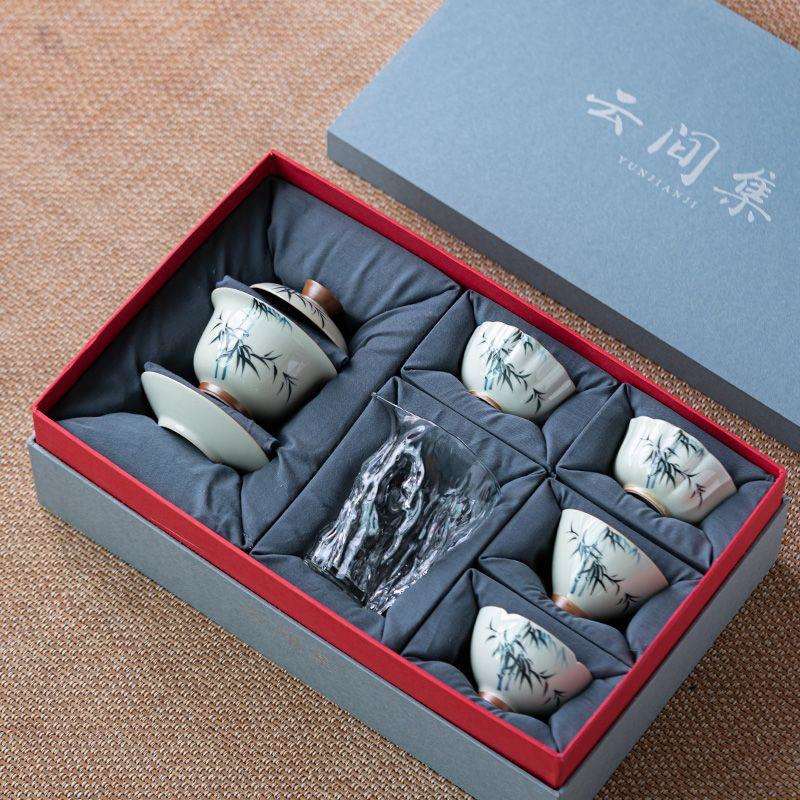 手绘竹子盖碗茶具套装家用泡茶碗陶瓷整套送礼茶杯高档
