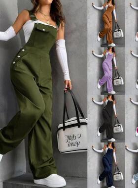 Women ' s Solid Color Adjustable Strap Overalls with Pocket