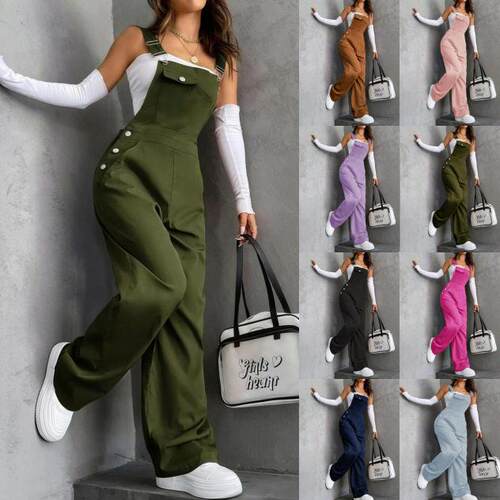 Women ' s Solid Color Adjustable Strap Overalls with Pocket