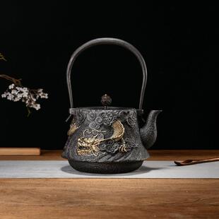 007家用纯手工浮雕老铁南部壶铁烧水茶冲茶壶生鎏金铸龙 壶 包邮