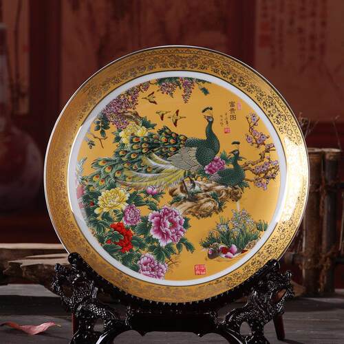 家居金边客厅玄关装饰挂盘工艺礼品摆饰陶瓷器电视柜客厅酒柜桌面