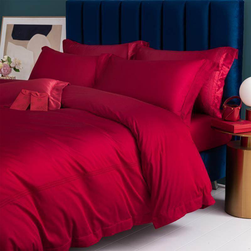 简约轻奢贡缎婚庆四件套棉酒红色100支长绒棉结婚被套床单床品