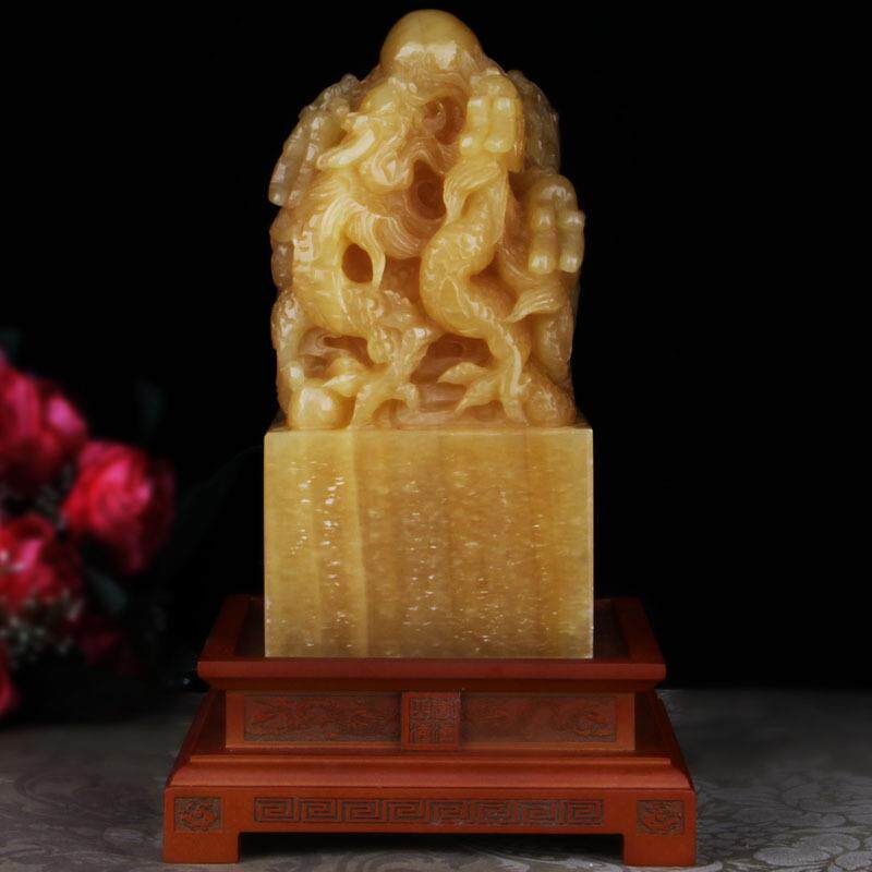 米黄玉龙头印章 手工雕刻黄玉九龙玉玺办公印章