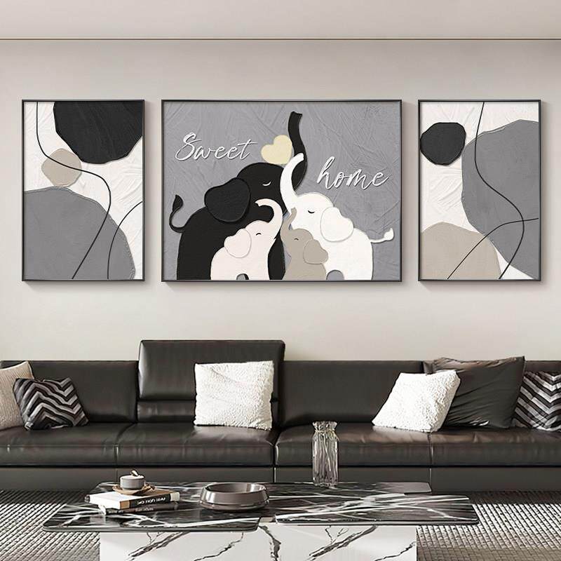 大象现代简约客厅装饰画高级感沙发背景墙挂画抽象黑白三联墙壁画