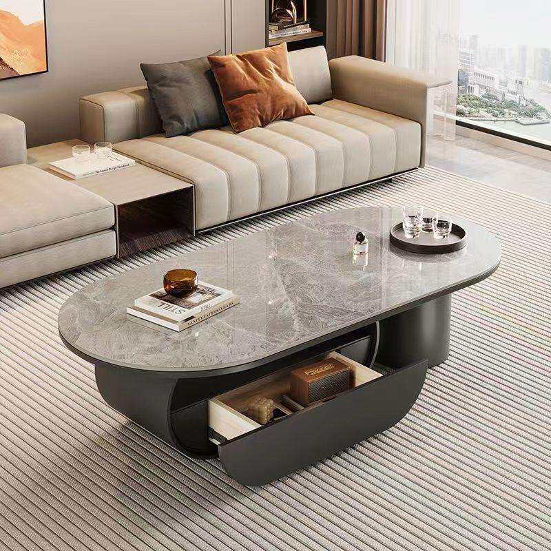 奶油风椭圆形岩板茶几简约客厅轻奢家用现代组合新款小户型电视柜