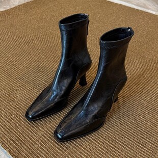 意大利Raraente 方头短靴女靴子细跟7cm跟高方头瘦瘦靴高跟弹力靴