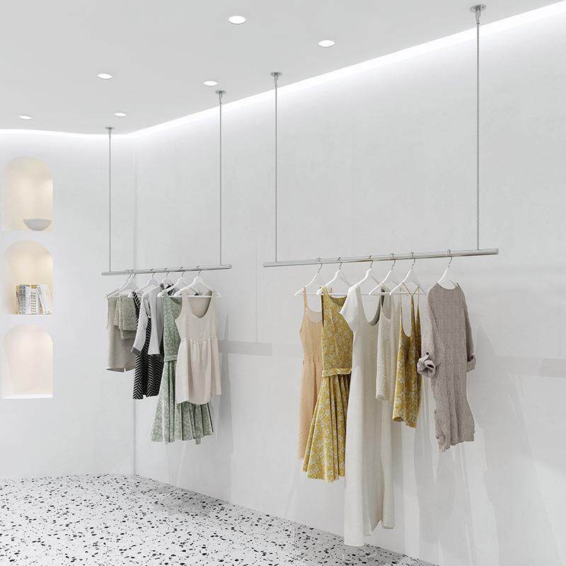 服装店展示架吊顶悬挂女装店衣架婚纱钢丝绳调节陈列架不锈钢吊架