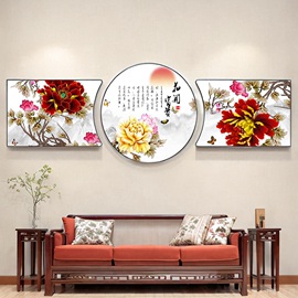 牡丹花客厅装饰画中式挂画高档国画，沙发背景墙壁画，花开富贵晶瓷画