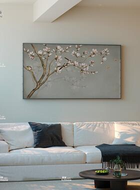 现代中古风玉兰花鸟装饰画客厅玄关禅意挂画新中式茶室背景墙壁画