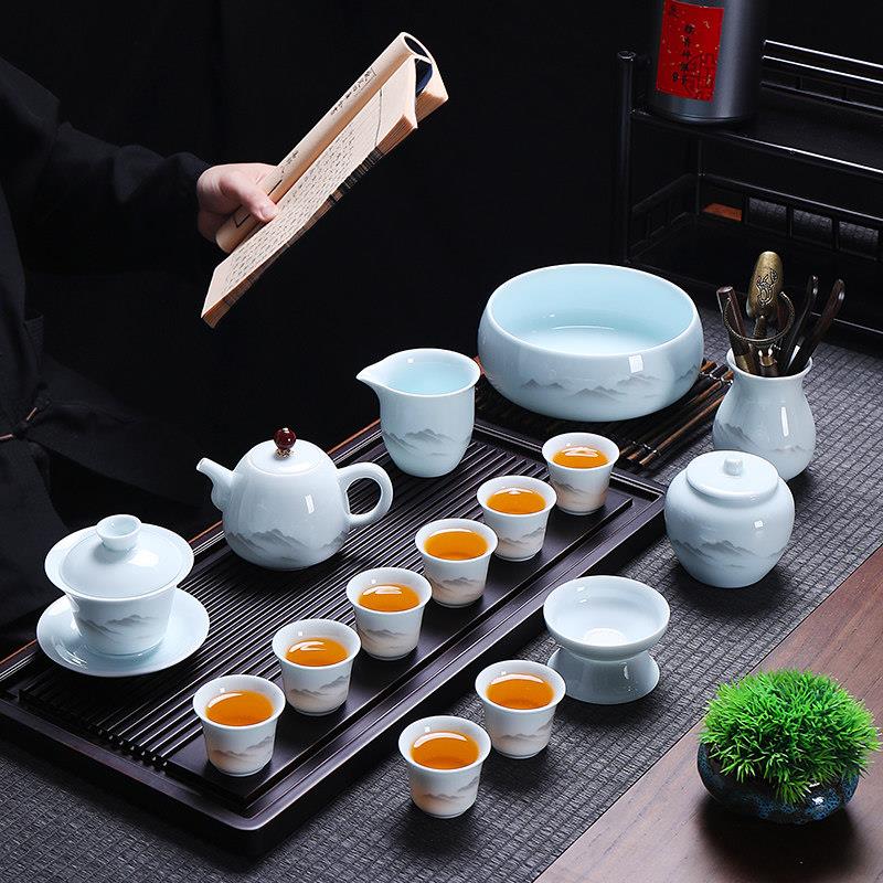 青花瓷青瓷功夫茶具套组轻奢简约家用办公室盖碗茶壶杯六君子整套