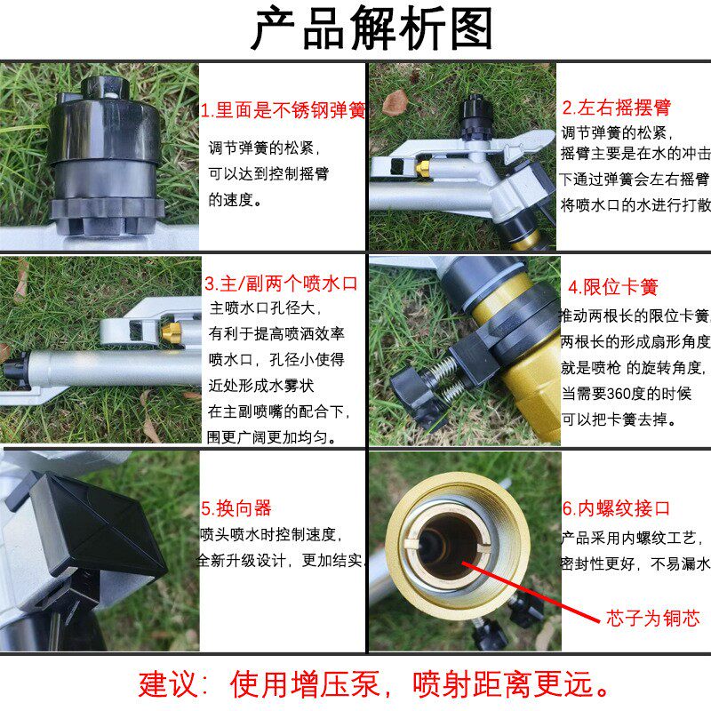 摇臂式远程喷头360°园艺自动旋转喷枪农田灌溉草坪煤场矿山降尘