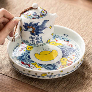 点心盘茶具配件壶垫托盘茶承 麒麟献宝圆满壶承干泡台陶瓷家用中式
