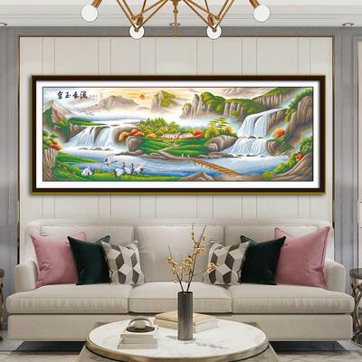 新款十字绣金玉长流风景画仙鹤版流水生财聚宝盆客厅山水手工刺绣