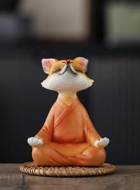 小狐狸坐禅白狐打坐盆景装饰摆件